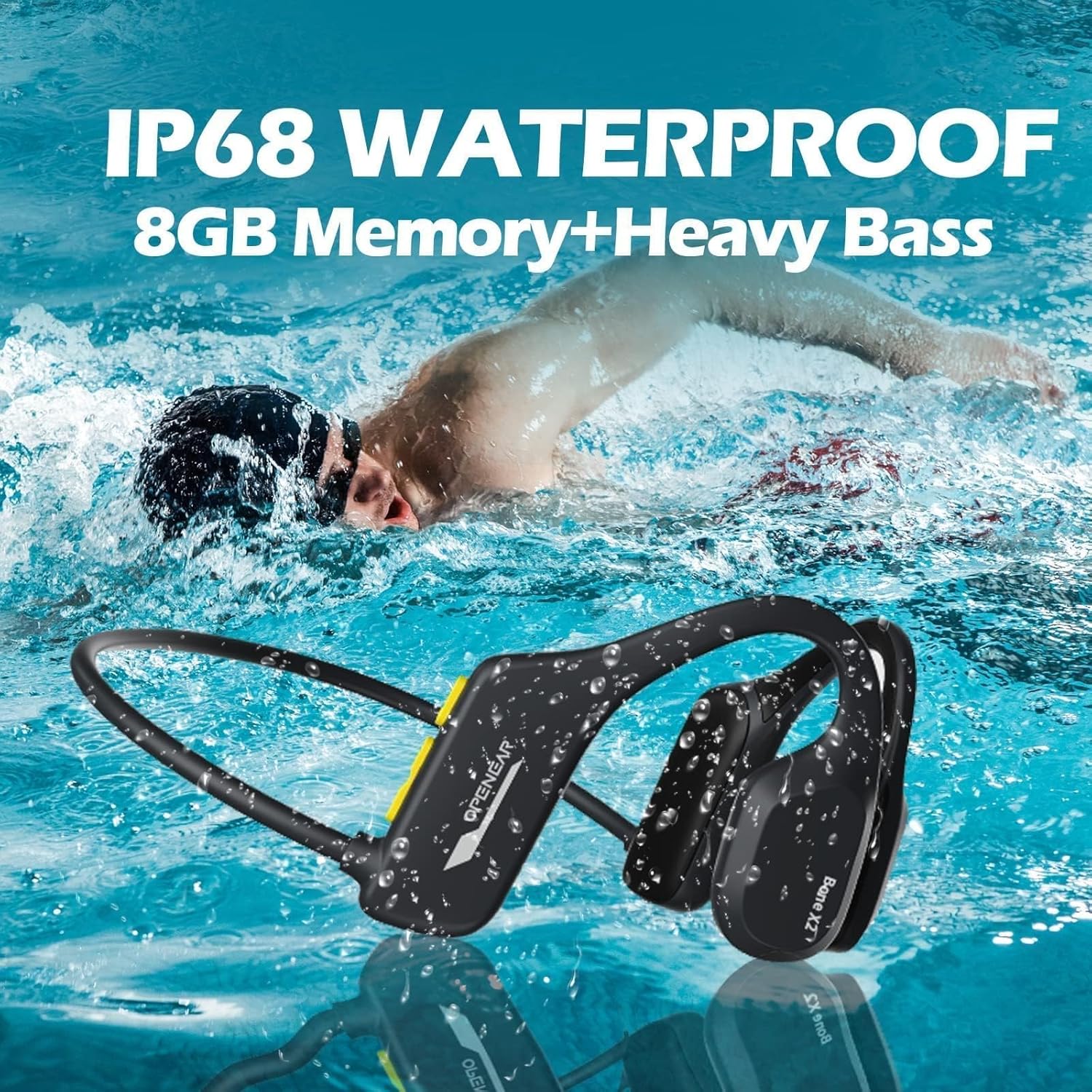Bone Conduction Headphones - IPX8 Waterproof Bluetooth Head Set with 8G Memory for Swimming